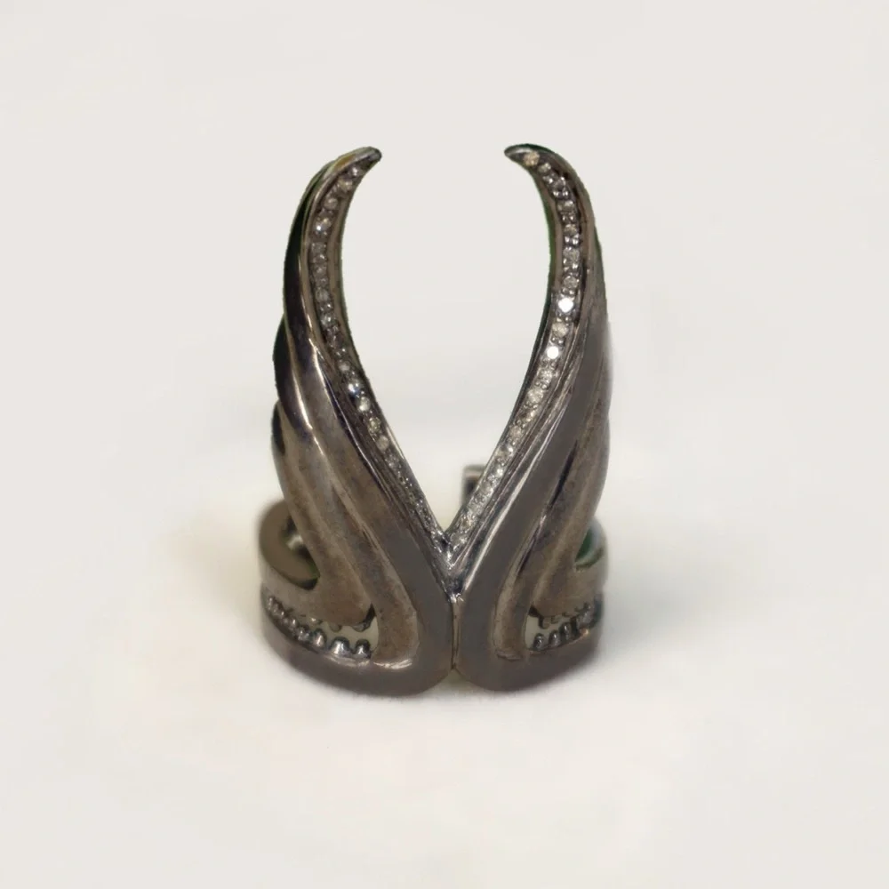 Vintage Genuine Pave Diamond Angel Wings Solid 925 Sterling Silver Handmade Ring - Picture 2 of 4
